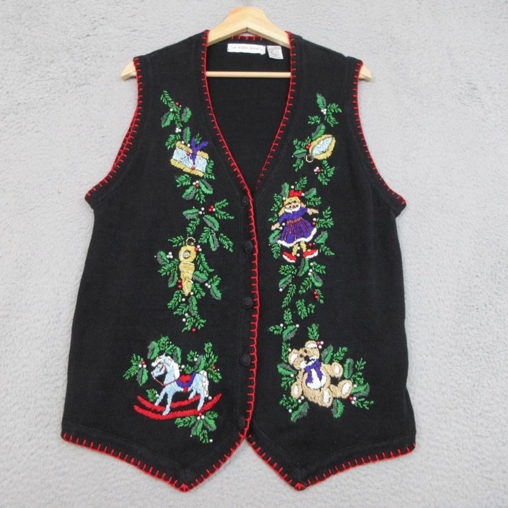 Victoria Jones Christmas Sweater Vest Womens Large Black Embroidered Beaded Toys